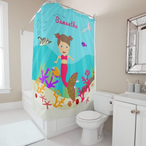 Cute Mermaid Girl in Colorful Ocean Shower Curtain