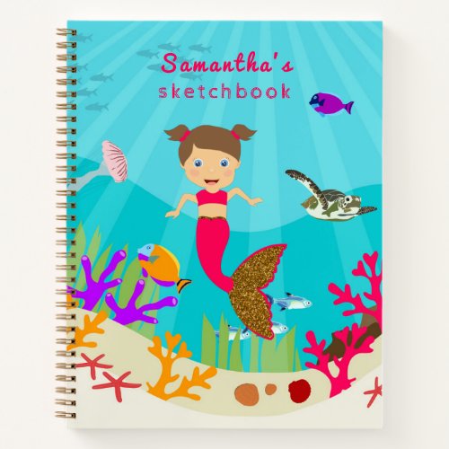 Cute Mermaid Girl in Colorful Ocean Sketchbook Notebook