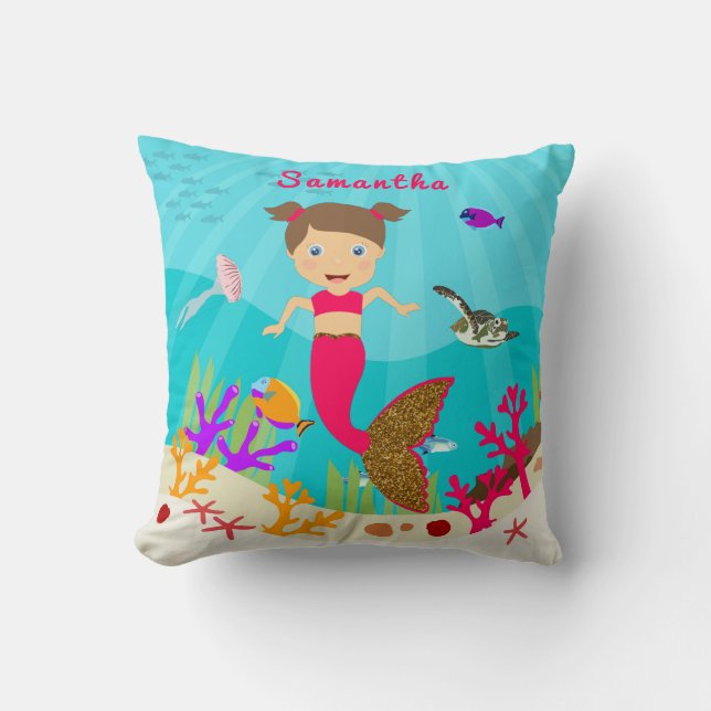 Cute Mermaid Girl in Colorful Ocean Throw Pillow (Front)