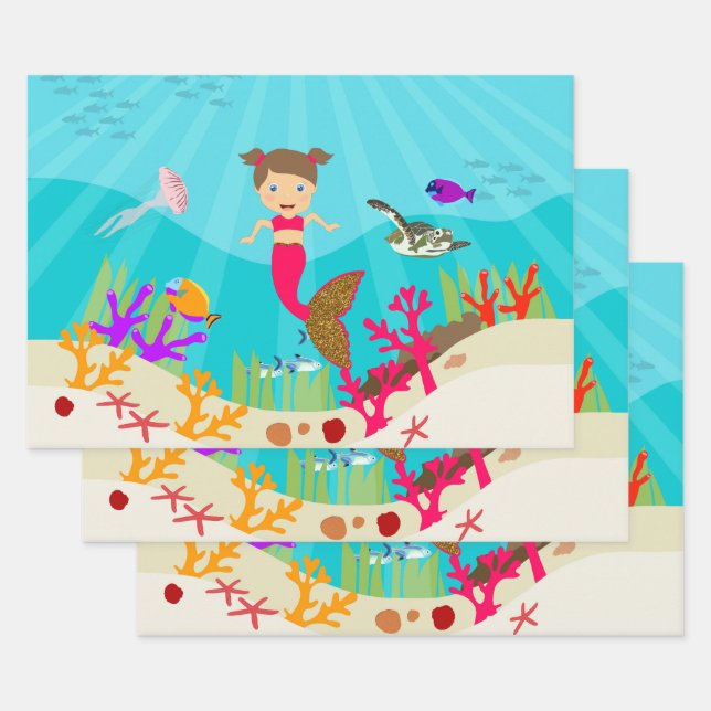 Cute Mermaid Girl in Colorful Ocean Wrapping Paper Sheets (Set)