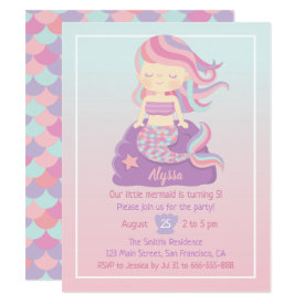 Cute Mermaid Girl Ombre Birthday Party Invitations