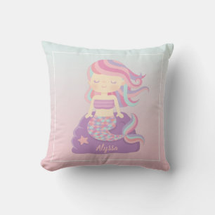 Cute Mermaid Girl Ombre Room Decor Throw Pillow