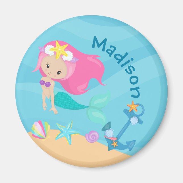 Cute Mermaid Girl Personalized Beach Magnet (Front)