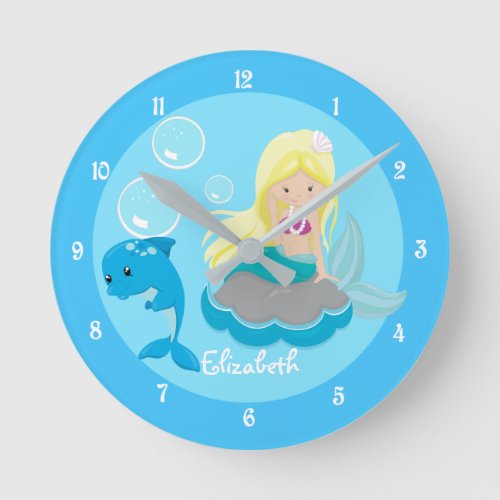Cute Mermaid Girl Personalized Kids Beach Bedroom Round Clock