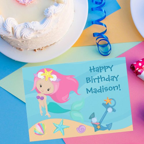 Cute Mermaid Girl Personalized Kids Happy Birthday Card