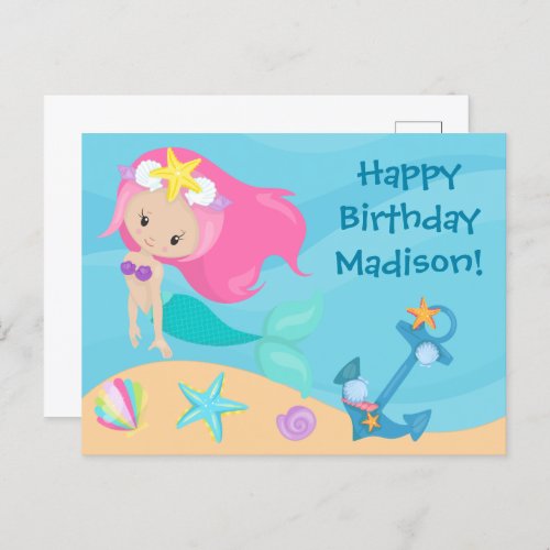 Cute Mermaid Girl Personalized Kids Happy Birthday Postcard