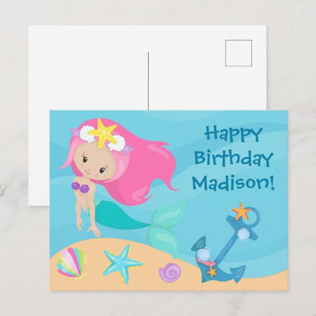 Cute Mermaid Girl Personalized Kids Happy Birthday Postcard (Front/Back)