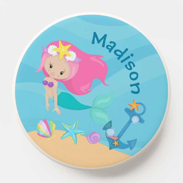 Cute Mermaid Girl Personalized Summer Beach Kids PopSocket (Popsocket)