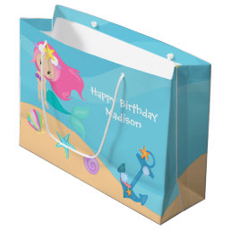 Cute Mermaid Girl Personalized Summer Birthday Large Gift Bag