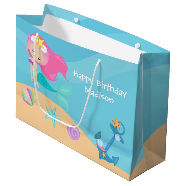Cute Mermaid Girl Personalized Summer Birthday Large Gift Bag (Front Angled)