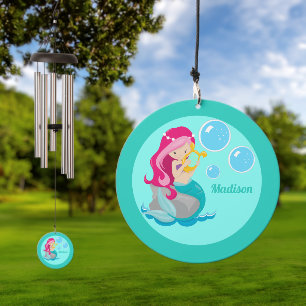 Cute Mermaid Girl Personalized Teal Beach Wind Chime