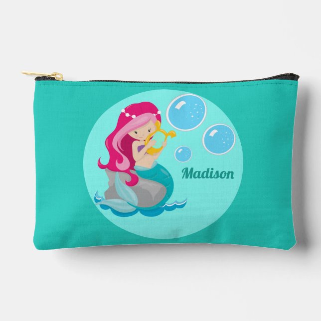 Cute Mermaid Girl Personalized Teal Kids Accessory Pouch (Front)