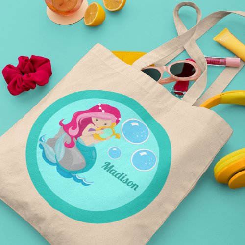 Cute Mermaid Girl Personalized Teal Kids Tote Bag