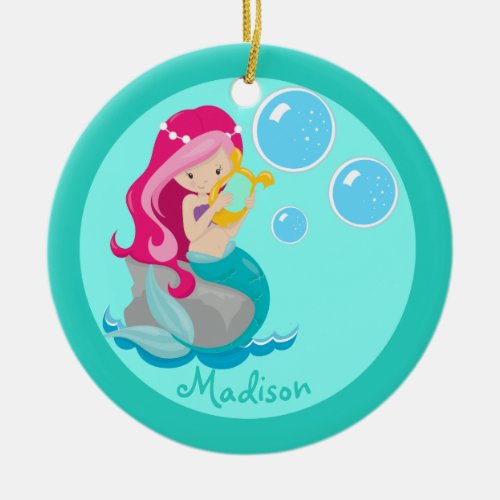 Cute Mermaid Girl Pretty Teal Personalized Kids Ceramic Ornament