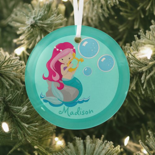 Cute Mermaid Girl Teal Personalized Kids Christmas Glass Ornament