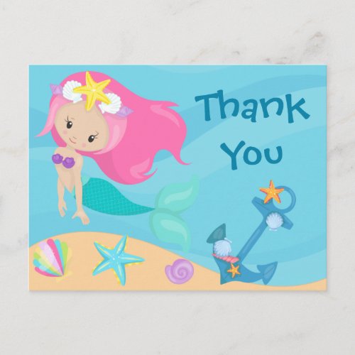 Cute Mermaid Girl Thank You Beach Birthday Kids Postcard