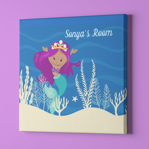 Cute Mermaid Girl Underwater Ocean Custom Kids Faux Canvas Print