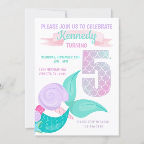 Cute Mermaid Girls 5th Birthday Party Invitation