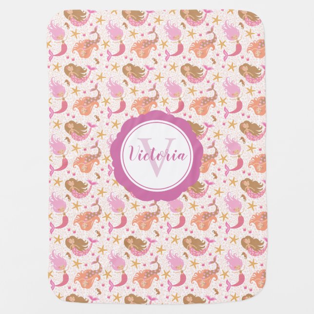 Cute Mermaid Girls Nursery Baby Blanket (Front)