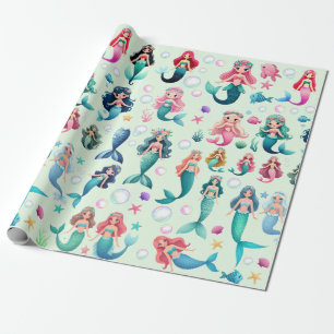 cute mermaid girls sealife fantasy fairytale art wrapping paper