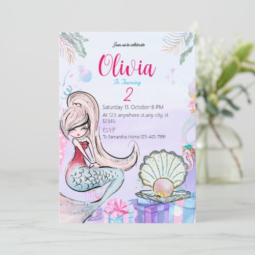 Cute Mermaid girly birthday Party Invitation