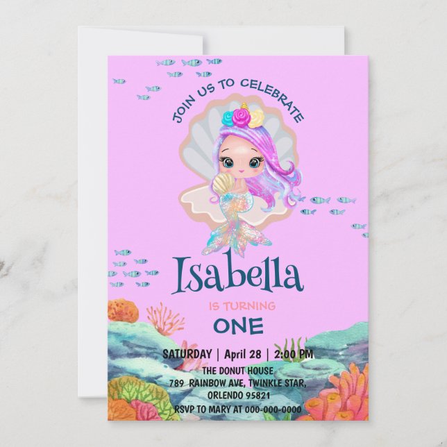 Cute Mermaid glitter pearl Rainbow Birthday party  Invitation (Front)