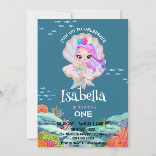 Cute Mermaid glitter Rainbow Birthday party kids Invitation