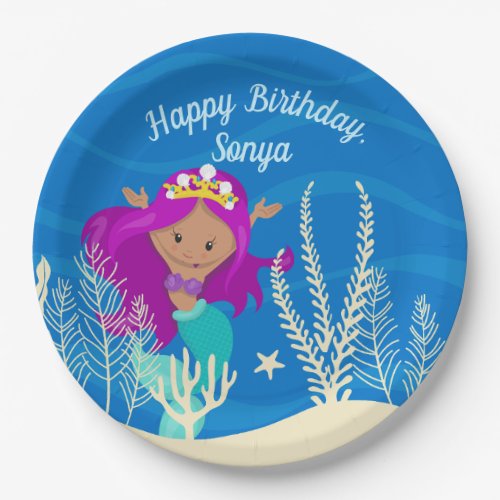Cute Mermaid Hispanic Birthday Girl Custom Ocean Paper Plates