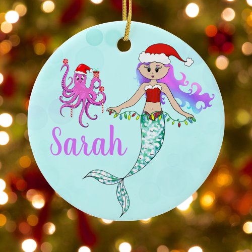 Cute Mermaid Holding Christmas Lights Name Ceramic Ornament