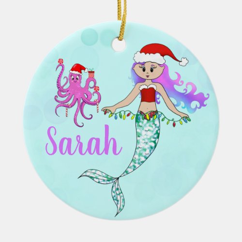 Cute Mermaid Holding Christmas Lights Name Ceramic Ornament