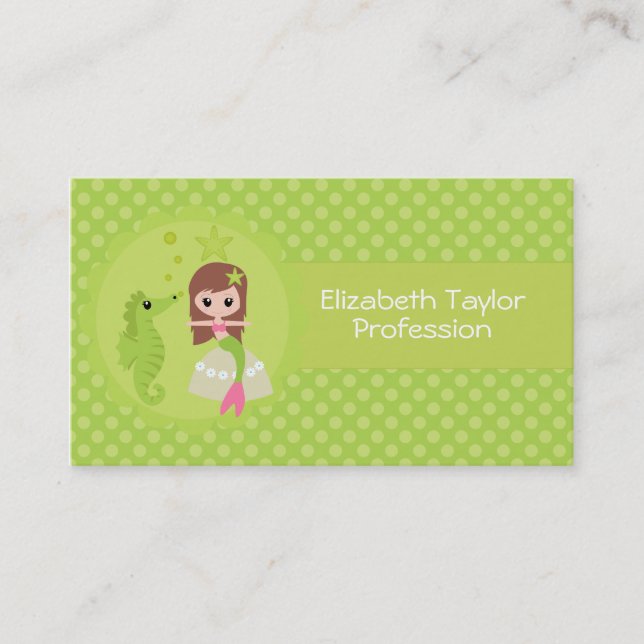 Cute Mermaid in Green Business Card (Front)