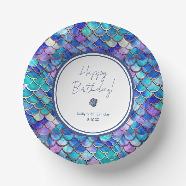 Cute Mermaid Little Girls Birthday Party Paper Bowls (Front)