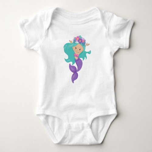 Cute Mermaid Little Mermaid Blue Hair Flowers Baby Bodysuit