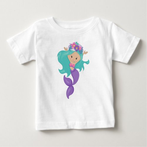 Cute Mermaid Little Mermaid Blue Hair Flowers Baby T_Shirt