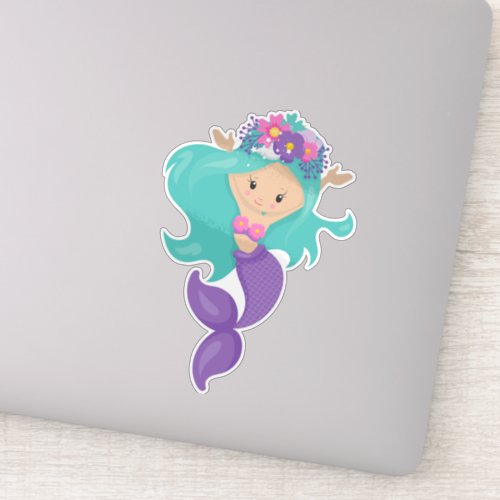 Cute Mermaid Little Mermaid Blue Hair Flowers Sticker