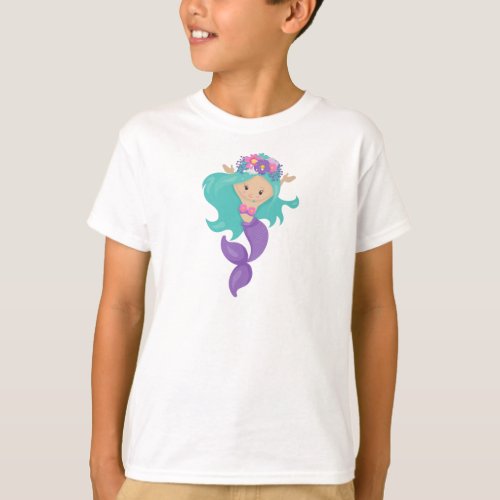 Cute Mermaid Little Mermaid Blue Hair Flowers T_Shirt