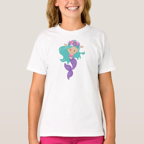 Cute Mermaid Little Mermaid Blue Hair Flowers T_Shirt