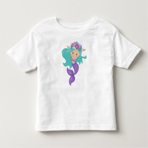 Cute Mermaid Little Mermaid Blue Hair Flowers Toddler T_shirt