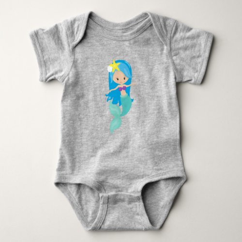 Cute Mermaid Little Mermaid Blue Hair Starfish Baby Bodysuit