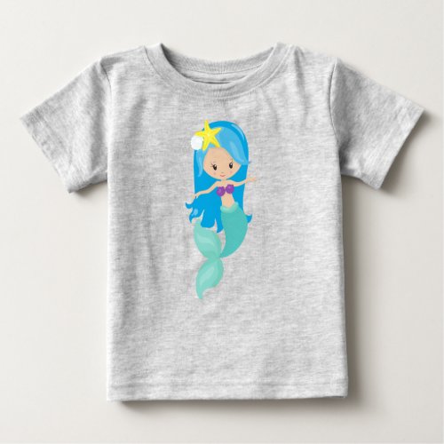 Cute Mermaid Little Mermaid Blue Hair Starfish Baby T_Shirt