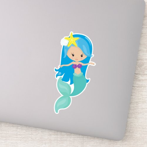 Cute Mermaid Little Mermaid Blue Hair Starfish Sticker