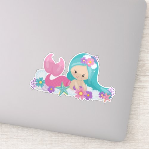 Cute Mermaid Little Mermaid Flowers Blue Hair Sticker