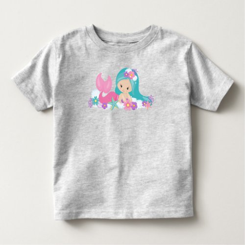 Cute Mermaid Little Mermaid Flowers Blue Hair Toddler T_shirt