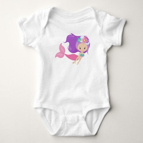 Cute Mermaid Little Mermaid Flowers Purple Hair Baby Bodysuit