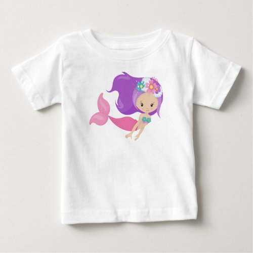 Cute Mermaid Little Mermaid Flowers Purple Hair Baby T_Shirt