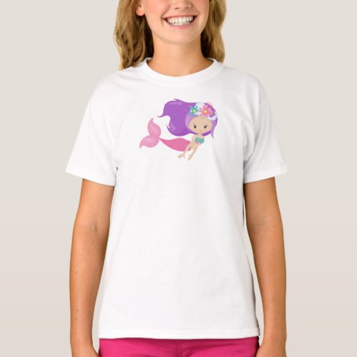 Cute Mermaid Little Mermaid Flowers Purple Hair T_Shirt
