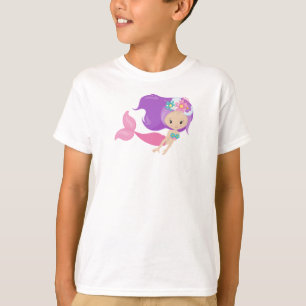 Cute Mermaid, Little Mermaid, Flowers, Purple Hair T-Shirt