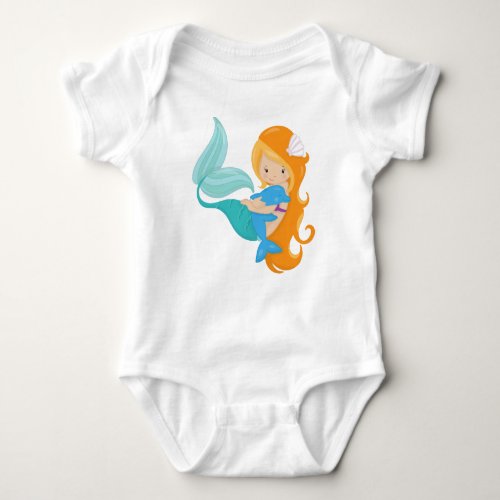 Cute Mermaid Little Mermaid Orange Hair Dolphin Baby Bodysuit