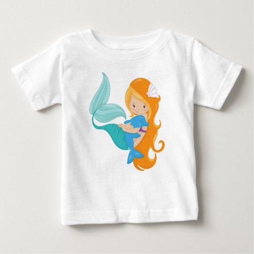 Cute Mermaid Little Mermaid Orange Hair Dolphin Baby T_Shirt