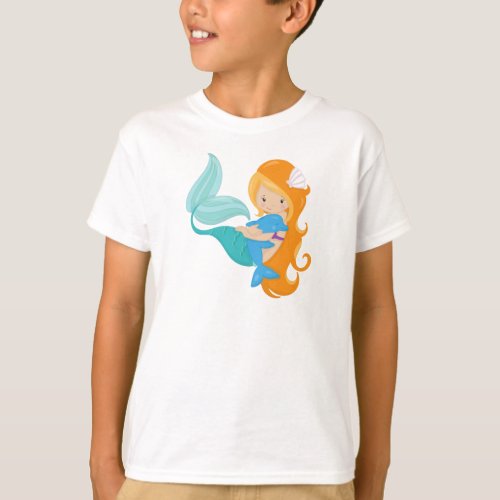 Cute Mermaid Little Mermaid Orange Hair Dolphin T_Shirt